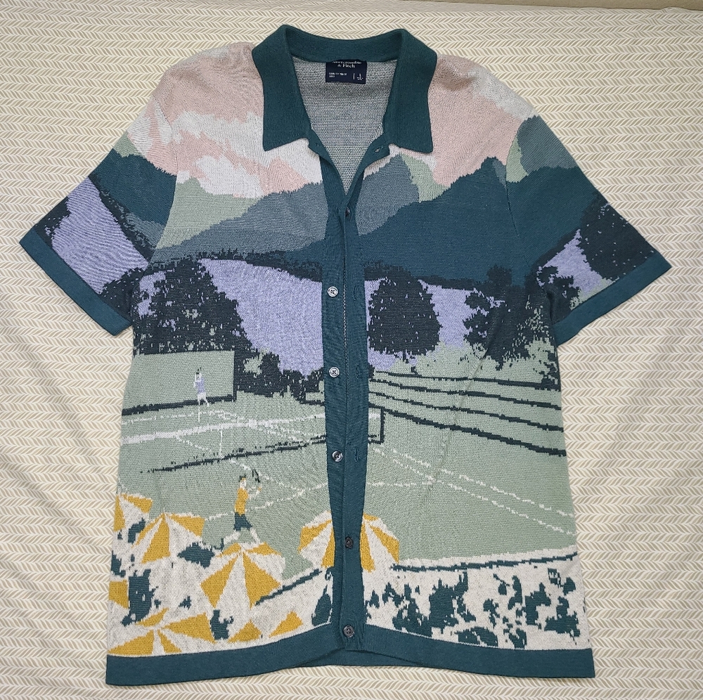 Abercrombie & Fitch Teal and Gray Knit Polo